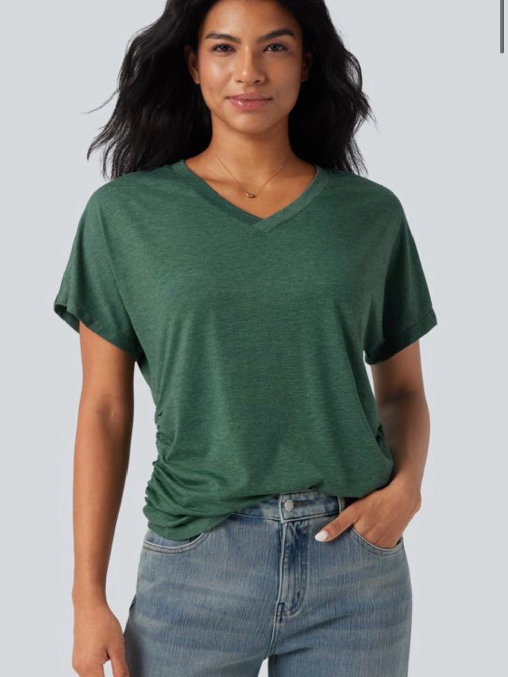 Halara Green V-neck Short Sleeve Ruched Relaxed Casual Top, NWT